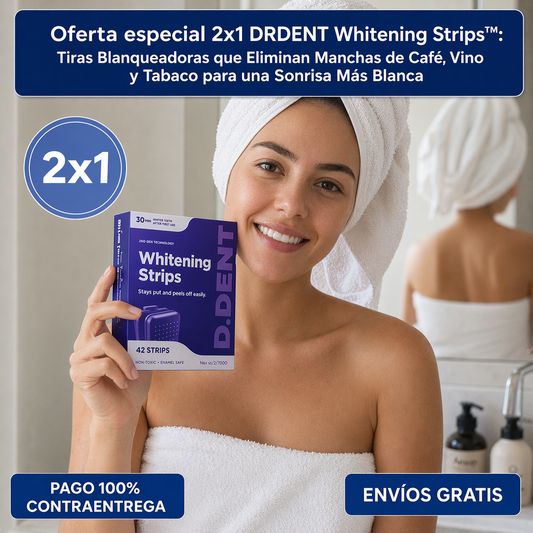 Oferta especial 2x1 DRDENT Whitening Strips™: Tiras Blanqueadoras quitas Manchas de Gaseosa, Café y Tabaco para una Sonrisa Más Blanca